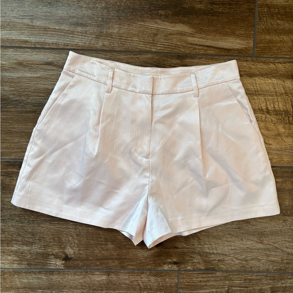 LoveShackFancy Pink High Waist Satin Shorts